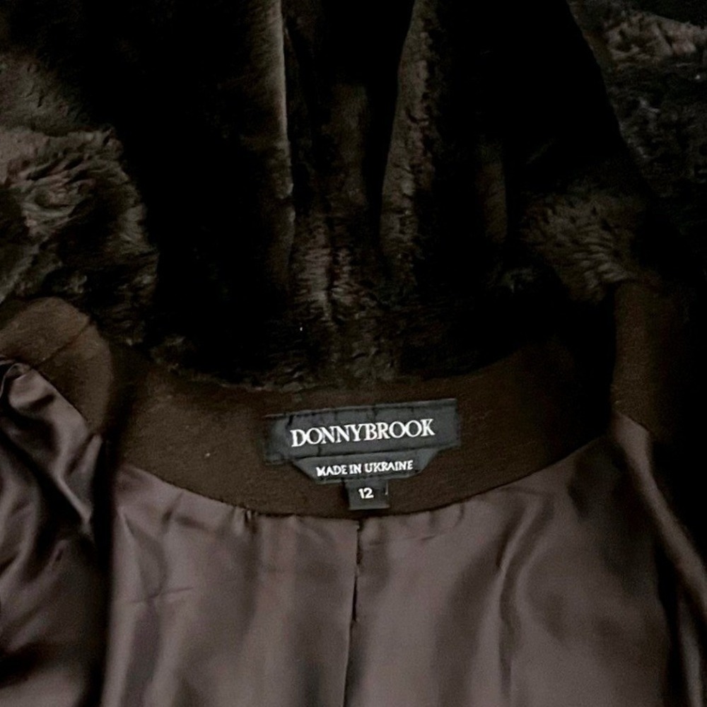 Donnybrook Dark Brown Wool Blend Faux Fur Lined Hooded Double Breasted Coat 12 - Picture 3 of 9